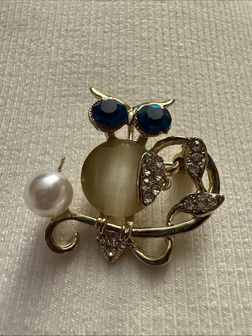 Gold Owl Brooch with Blue Eyes and Pearl Accent